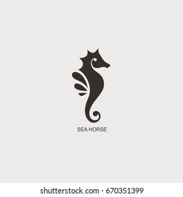 Stylized graphic Seahorse. Silhouette illustration of sea life. Sketch for tattoo on isolated white background. Vector flat logo icon