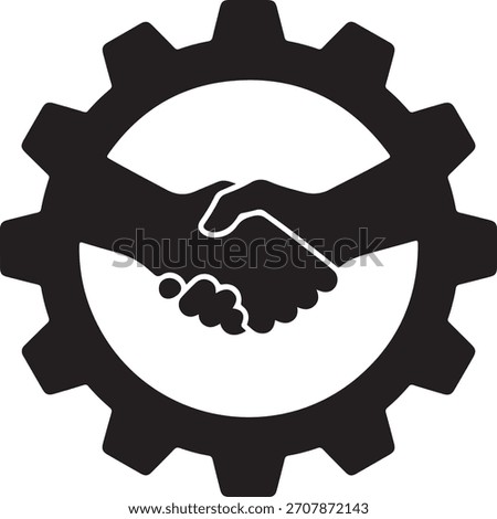 A stylized graphic showing a handshake inside a gear, symbolizing business and industrial partnerships.