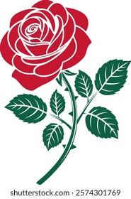 A stylized, graphic silhouette of a single red rose with dark green leaves and thorns.