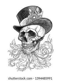 Stylized graphic skull in the hat in the style of steampunk