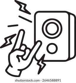 Um gráfico estilizado de um alto-falante tocando música alta. Uma mão fazendo um gesto de metal rock, com ondas sonoras emanando do alto-falante, enfatiza a intensidade da música.