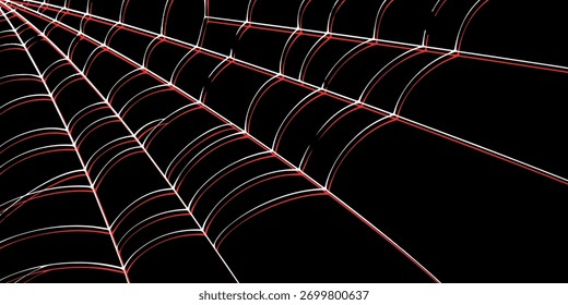 Uma teia de aranha estilizada e gráfica com linhas brancas e vermelhas se estende por um plano de fundo preto sólido, criando um padrão minimalista e abstrato.