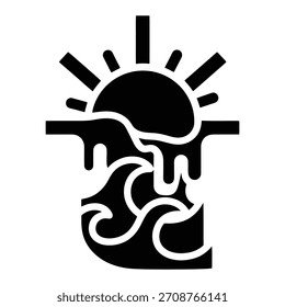 Stylized graphic of sun setting or rising on ocean.