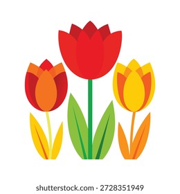A stylized graphic of three tulips with distinctive petals and leaves in various shades of red, orange, and yellow