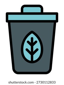 Gráfico estilizado de un cubo de basura con un símbolo de hoja, que representa el reciclaje y la conciencia ambiental.