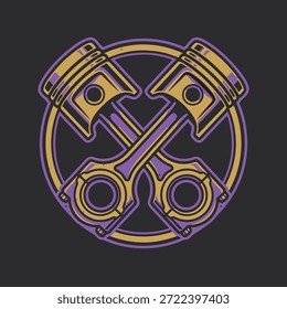 Um gráfico estilizado de dois pistões cruzados, simbolizando potência e mecânica, dentro de um emblema circular.