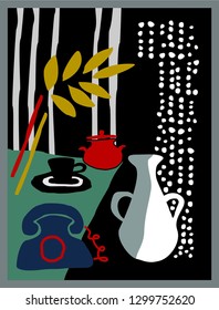 stylized graphic vector of still life with vintage style phone, vase, cup and plant. grate poster for interior, invitation card and other prints.