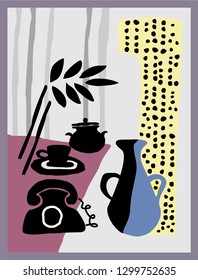 stylized graphic vector of still life with vintage style phone, vase, cup and plant. grate poster for interior, invitation card and other prints.