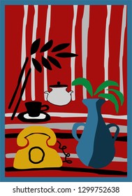 stylized graphic vector of still life with vintage style phone, vase, cup and plant. grate poster for interior, invitation card and other prints.