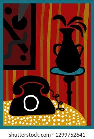 stylized graphic vector of still life with vintage style phone, vase, cup and plant. grate poster for interior, invitation card and other prints.