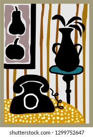 stylized graphic vector of still life with vintage style phone, vase, cup and plant. grate poster for interior, invitation card and other prints.