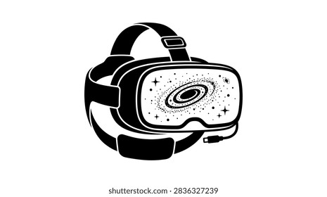 A stylized graphic of a VR headset featuring a spiral galaxy and stars on the lens screen, rendered in a clean black and white line art style