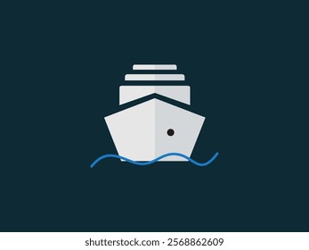 A stylized graphic of a white ship with a curved hull and detailed upper structure