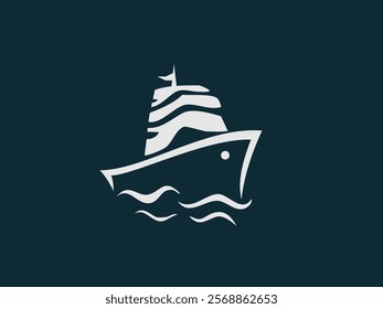 A stylized graphic of a white ship with a curved hull and detailed upper structure