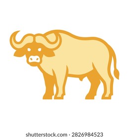 Stylized graphic of a yellow cape buffalo animal with large curved horns. Isolated on white background. Suitable for safari themes, wildlife education, and zodiac designs.