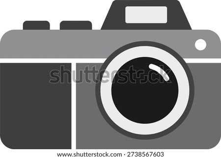 Stylized gray camera icon with a large black lens, white ring, and rectangular body, rendered in a clean, minimalist flat design.