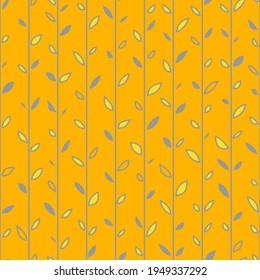 Stylized gray twigs and leaves on a yellow background. Seamless pattern. Vector illustration.