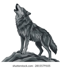 Stylized gray wolf howling on rocky outcrop