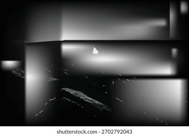 Uma composição em escala de cinza estilizada com painéis geométricos, fonte de luz central e terreno texturizado. Profundidade e movimento abstratos evocam simulação, arquitetura e minimalismo digital.