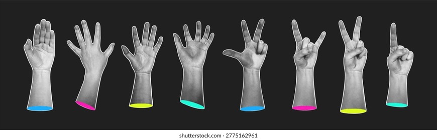 Stylized grayscale hands in peace signs and open gestures. Vector isolated collection of non verbal elements of communication. Waving or showing stop sign, protecting or greeting, peace and pointing
