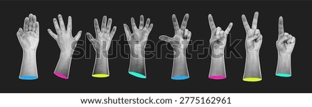 Stylized grayscale hands in peace signs and open gestures. Vector isolated collection of non verbal elements of communication. Waving or showing stop sign, protecting or greeting, peace and pointing