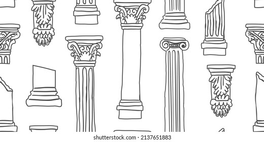 Stylized Greek columns. Doric. Ionic. Corinthian columns. Vector seamless pattern. Black and white graphics.