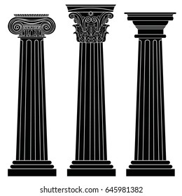 Stylized Greek columns. Doric. Ionic. Corinthian columns. Vector illustration. Black and white graphics.