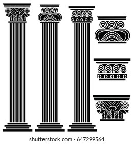 Stylized Greek columns. Doric. Ionic. Corinthian columns. Vector illustration. Black and white graphics.