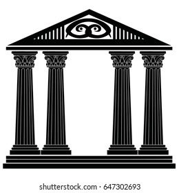 Stylized Greek columns. Doric. Ionic. Corinthian columns. Vector illustration. Black and white graphics. Facade. Stencil.  Fantasy temple. Fifth variant.