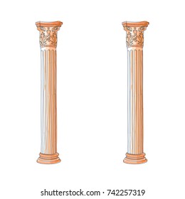 Stylized Greek doodle column Doric Ionic Corinthian columns. Vector illustration. Classical architectural support