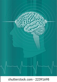 A stylized green abstract background with human brain and neurological activity Icon elements are on a separate layer and can be easily removed. Gradients only (no transparencies)