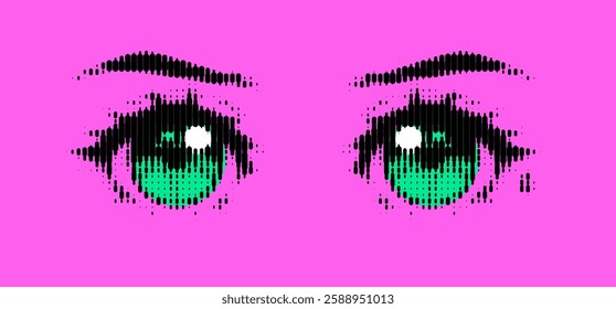 Stylized green anime eyes created with vertical black lines on a pink background.