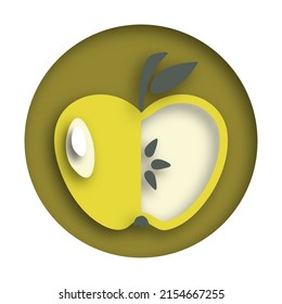 Stylized green apple with a cut-out piece in the modern style of paper clippings, pseudo 3d, shadow. Cartoon style. Minimalistic concept, abstract design, monochrome. Vector illustration