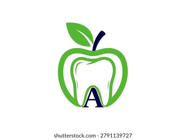 Stylized green apple outline with a tooth inside and a leaf on top, featuring a dark blue letter 