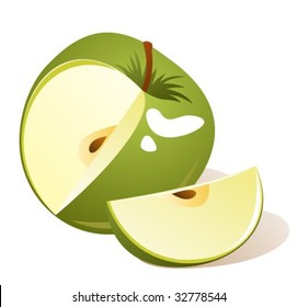 Stylized green apple with slice isolated on a white background.