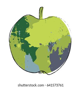 Stylized green apple vector illustration with grunge painted background texture and black outline. Organic fruit logo. Healthy nutrition, vegan or vegetarian food icon.