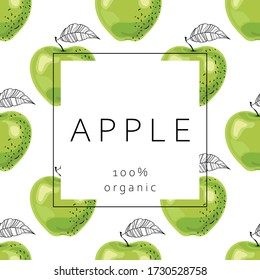 Stylized green apples with leaves on a white background and with the text "apple, 100% organic". Banner, poster, wrapping paper, sticker, print, modern textile design. Vector illustration. 