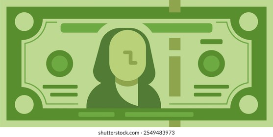 Stylized green banknote depicting simplified portrait and geometric patterns, symbolizing american finances, wealth, and economic concepts