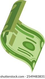 Stylized green banknote is floating and waving in the air, representing financial concepts such as income, investment, and economic growth