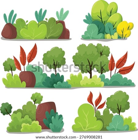 Stylized green bushes and rocks vector illustration for nature background