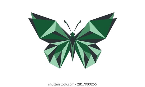 stylized green butterfly with angular shapes and vivid colors perfect for nature, wildlife, and insect related projects on clean background