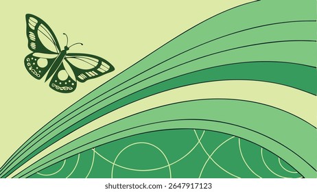 Stylized green butterfly vector illustration with abstract flowing lines and organic shapes on a light background, perfect for nature or design themes.