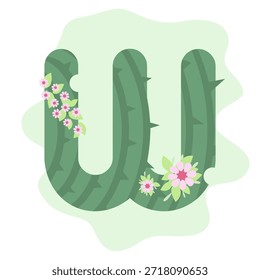 Una estilizada fuente de cactus verde con delicadas decoraciones florales sobre un fondo verde claro.
