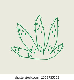Stylized green cactus illustration on solid background, Vector hand drawn line art illustration