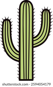 Stylized Green Cactus Vector, Black Outline, High-Quality Desert Design for Nature Illustrations