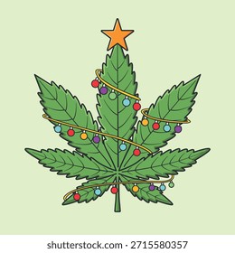 Una hoja de cannabis verde estilizada adornada con luces de Navidades de colores y una estrella en la parte superior, sobre un fondo verde claro.