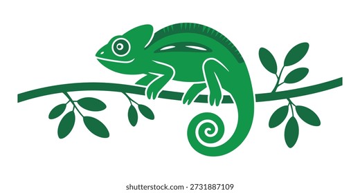 A stylized green chameleon with a curled tail rests on a branch with leaves, depicted in a simple, graphic style.