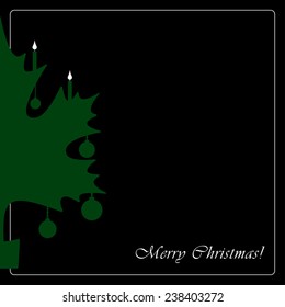 stylized green Christmas maple leaf card with candles and balls on a black background