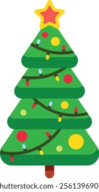 Stylized green christmas tree with colorful lights and baubles and a red and yellow star on top, celebrating christmas time and winter holidays