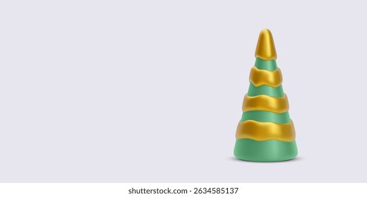 Stylized Green Christmas Tree With Golden Decorations In Minimal 3D Style, Standing On Light Background. Ideal For Holiday Scenes, Winter Icons, Or Festive Graphic Design. Vector Illustration
